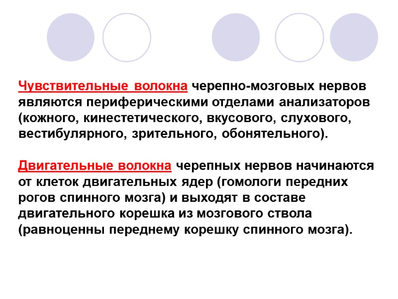 Чувствительные волокна черепно-мозговых нервов являются периферическими отделами анализаторов (кожного, кинестетического, вкусового, слухового, вестибулярного, зрительного,